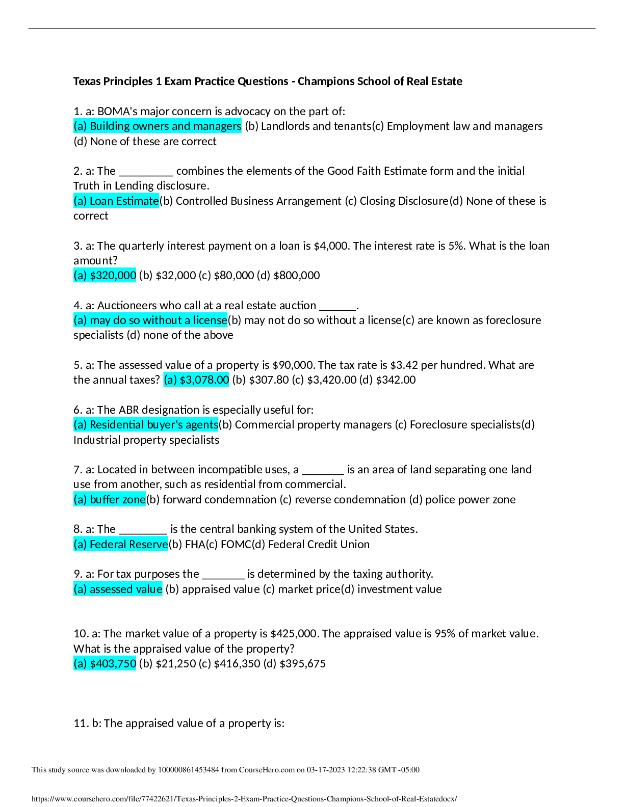 Texas Principles 1 Exam Practice Questions Champions School of Real Estate.100 CORRECT